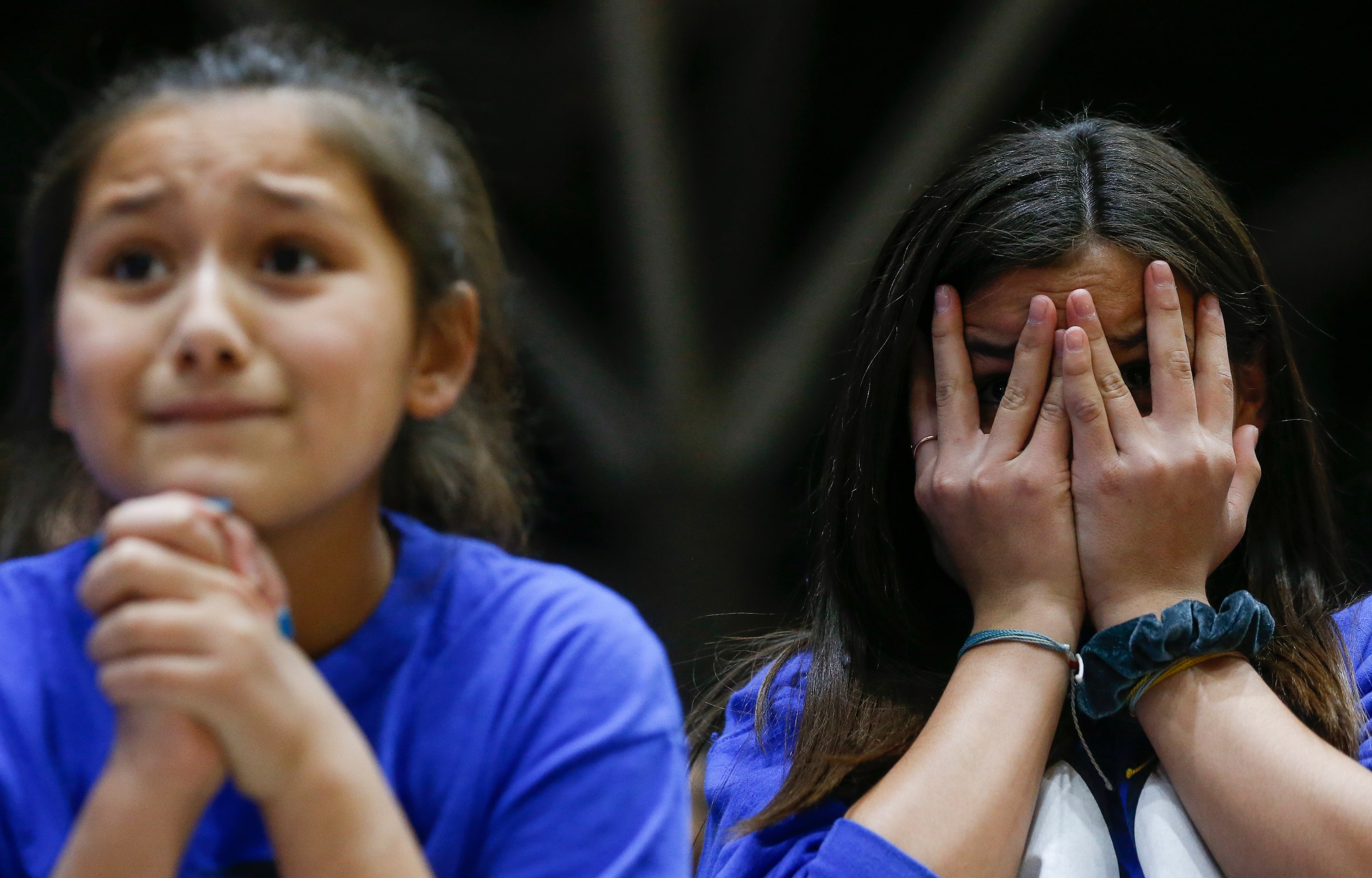 Kyla Crawford, 10, left, and Mackenzie Barnes, 11, both of Midlothian anxiously watch the...