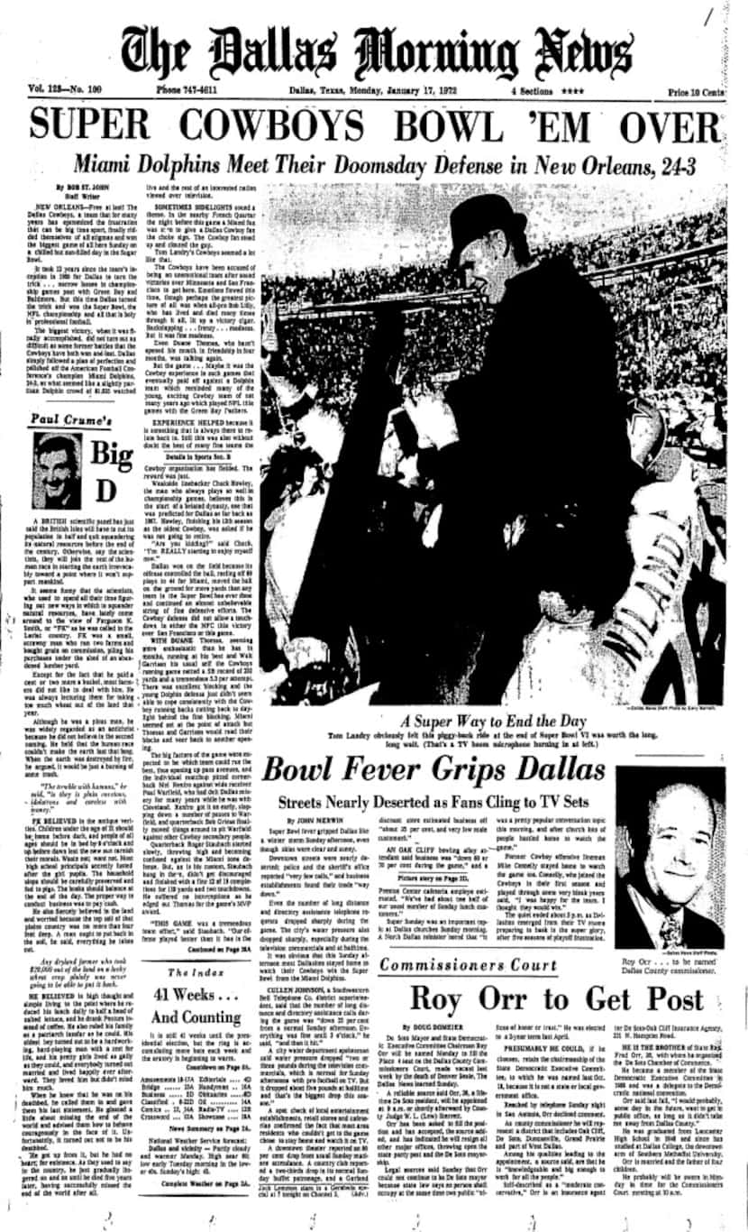 DALLAS COWBOYS - SUPER BOWL VICTORY - DALLAS MORNING NEWS FRONT PAGE - JANUARY 17, 1972 -...