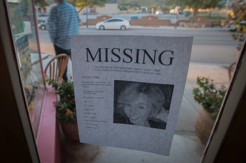 A flier taped to the window of a business in Alpine gives a full description of Zuzu Verk, a...