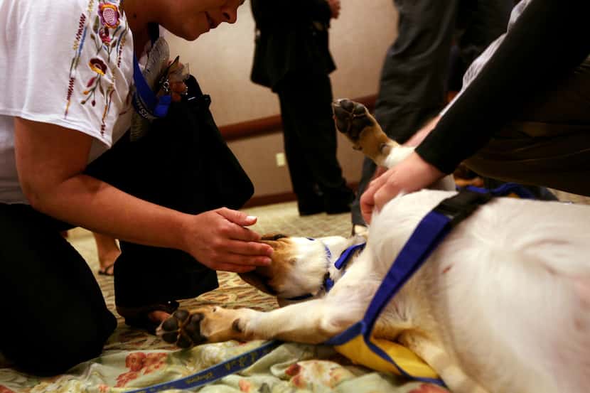 Christy Martin, left, from Denton County Probation plays with Trista, a puppy from Canine...