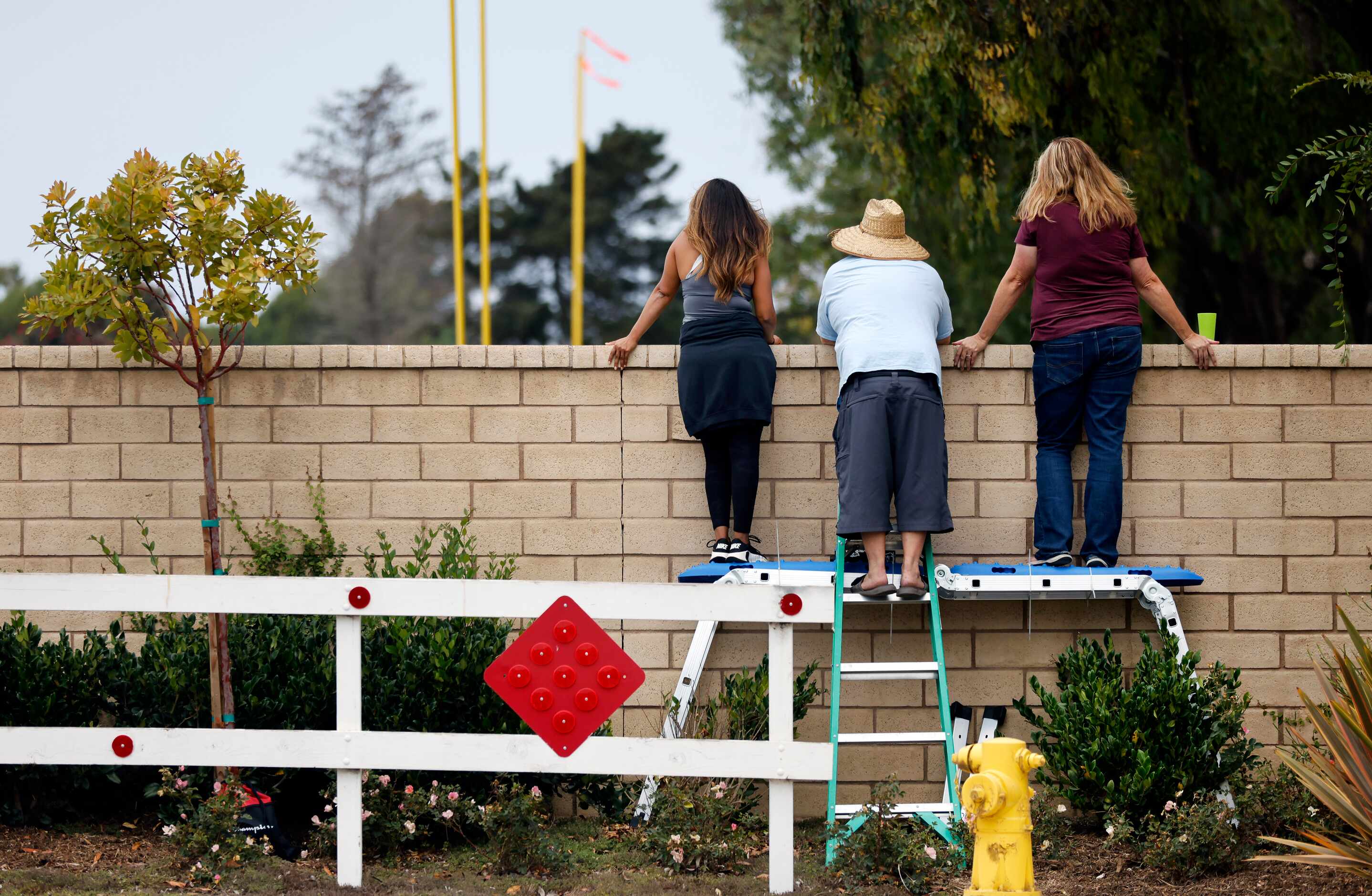 Nearby neighbors (from left) Celina Corral, Rob Fenlon and Sara Fenlon use a set of ladders...