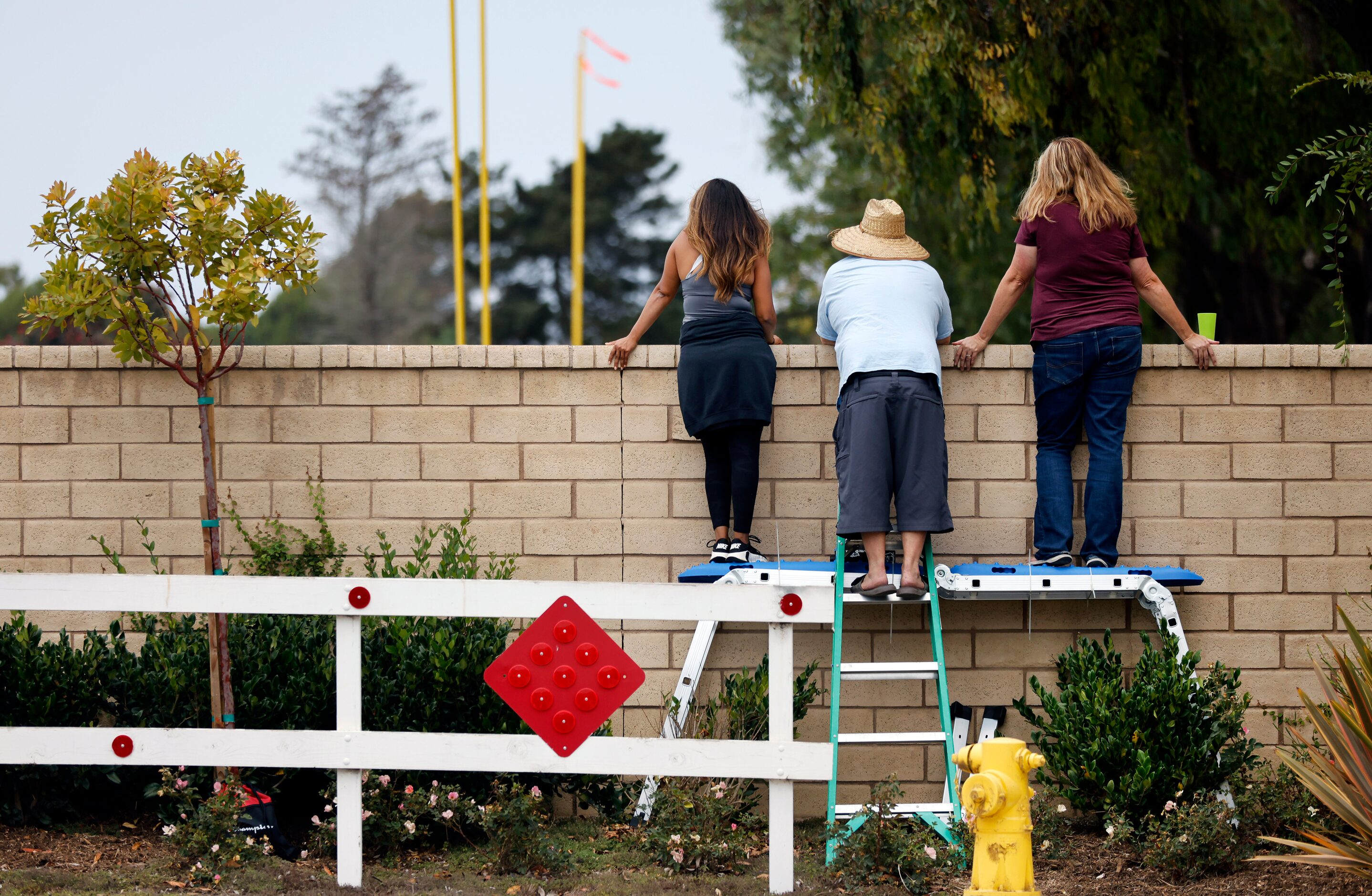 Nearby neighbors (from left) Celina Corral, Rob Fenlon and Sara Fenlon use a set of ladders...