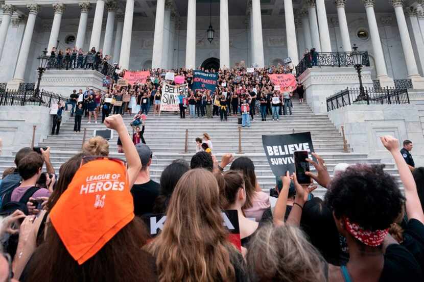 Protesters against US Supreme Court nominee Brett Kavanaugh demonstrate at the US Capitol in...
