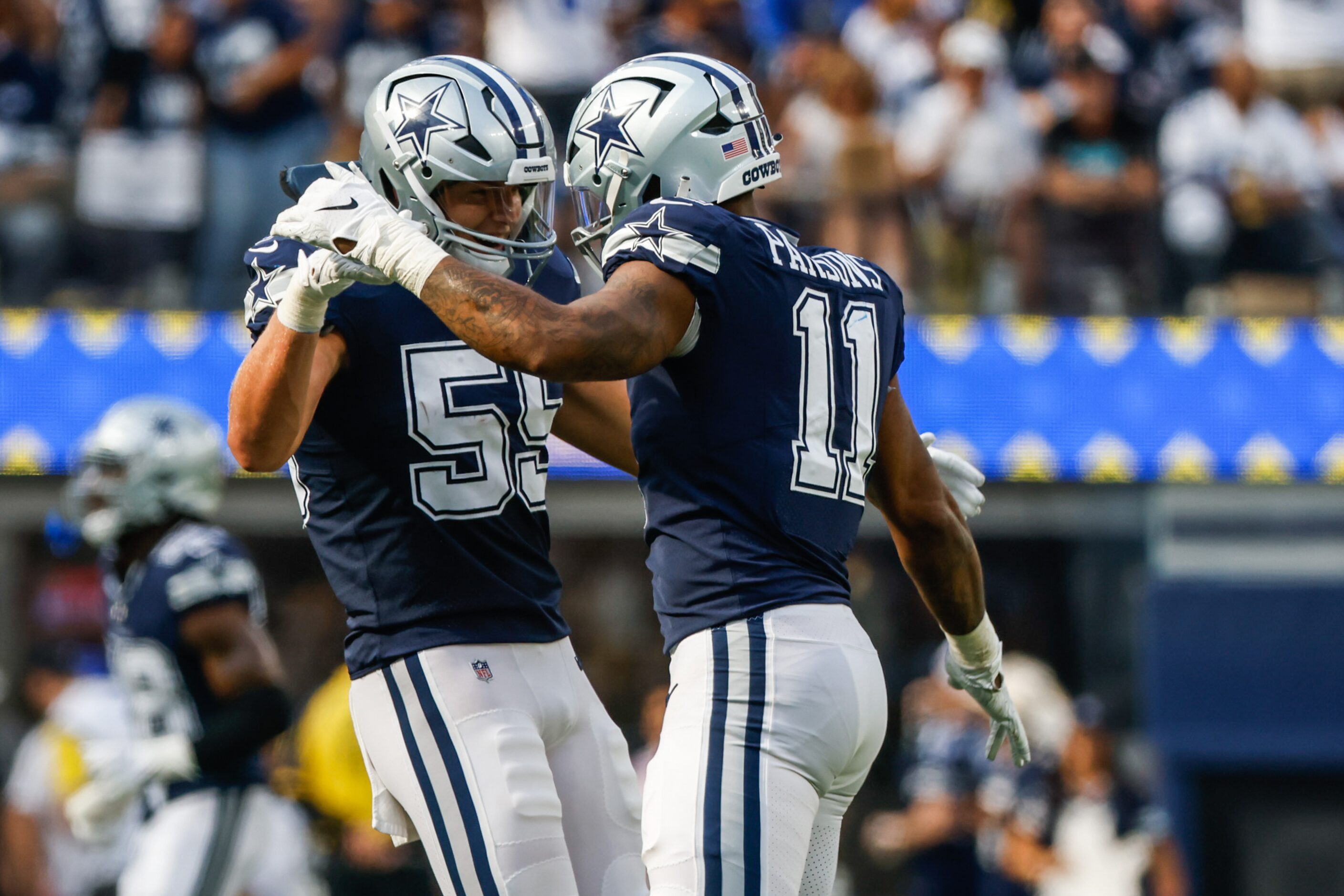 Dallas Cowboys linebacker Micah Parsons (11) celebrates a sack on Los Angeles Rams...