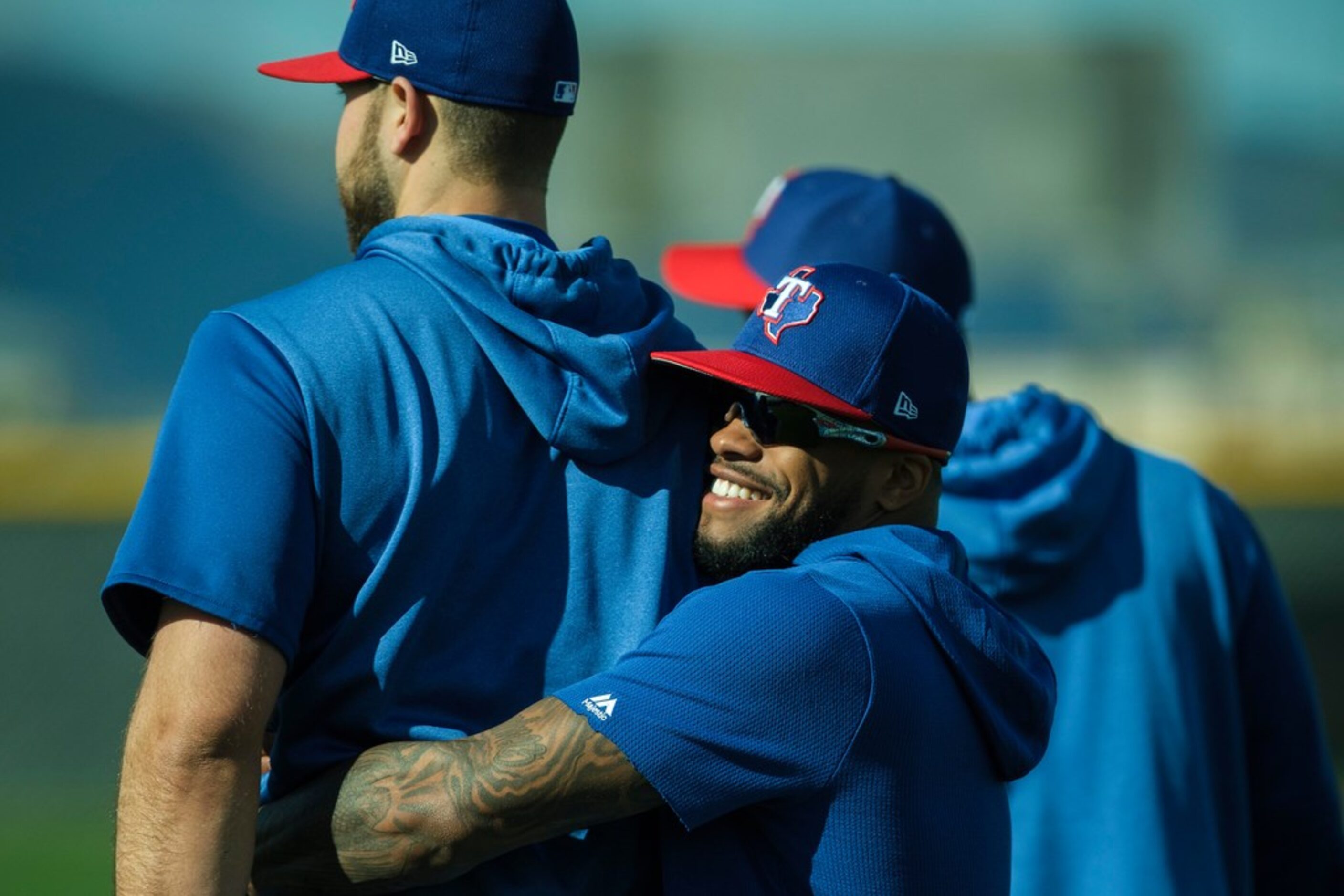 Texas Rangers outfielder Delino DeShields hugs teammate Joey Gallo during the first full...