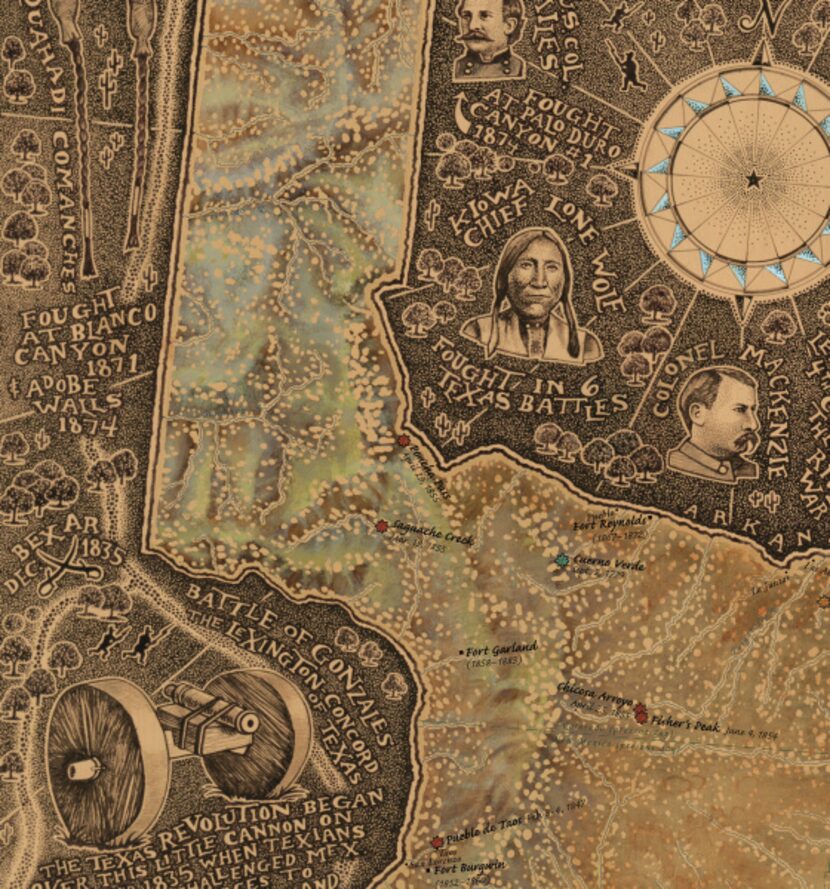 A detail from the "Battlefields of Texas" map, a pen-and-ink drawing by Chris Smith of Leander