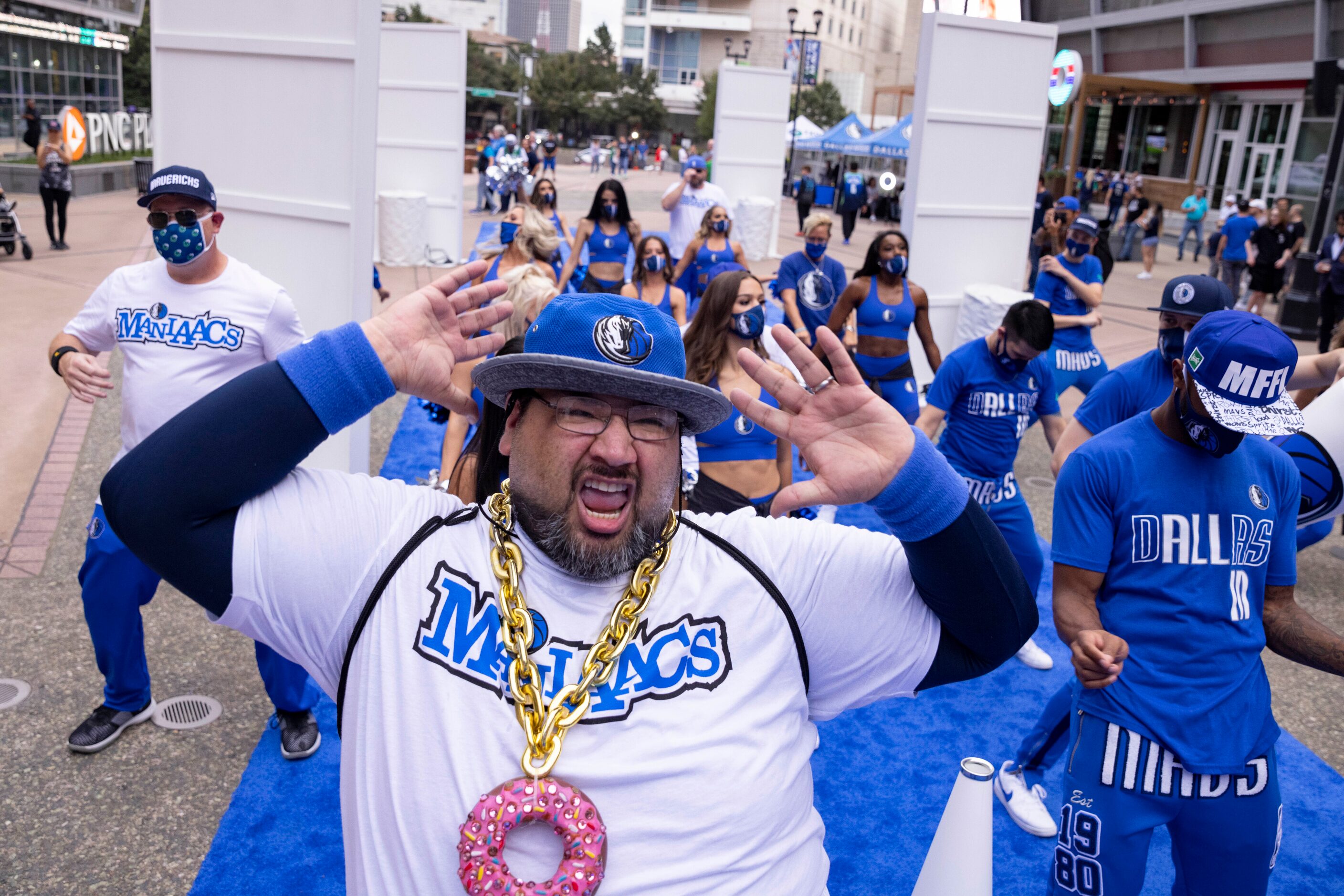 Mavs ManiAACs’ Osito dances before the Dallas Mavericks home opener against the Houston...