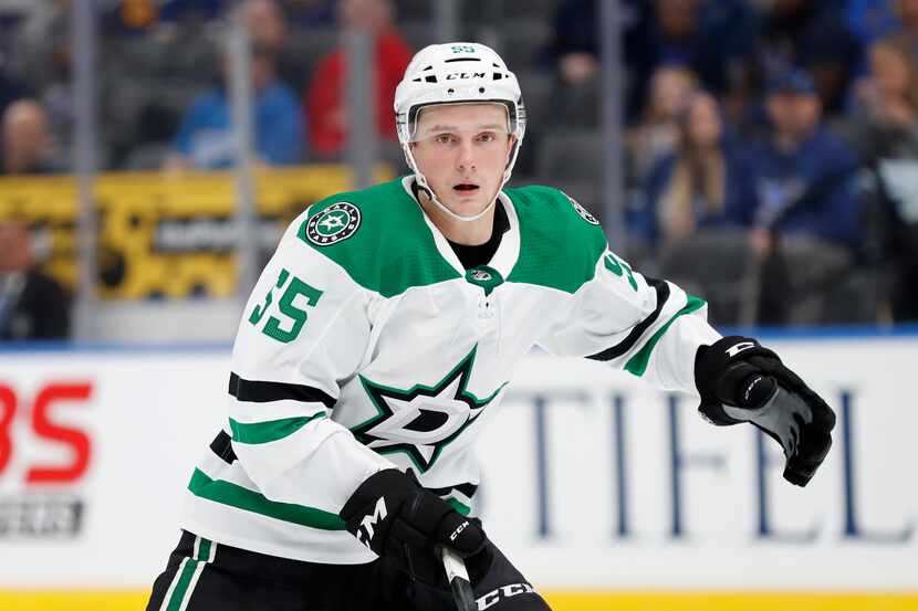 Dallas Stars' Thomas Harley skates during the second period of an NHL preseason against the...