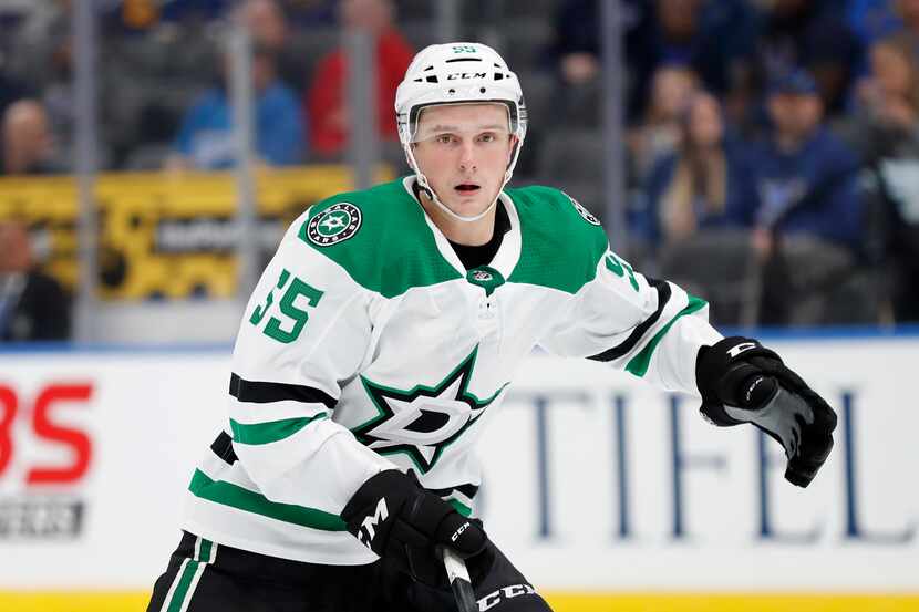 Dallas Stars' Thomas Harley skates during the second period of an NHL preseason against the...