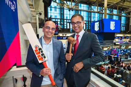 Major League Cricket co-founders Sameer Mehta (left) and Vijay Srinivasan rang the closing...