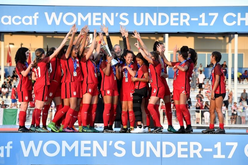 The US U17 WNT lift the Concacaf Women's U17 Chanpionship Trophy on June 12, 2018 in...