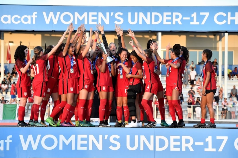 The US U17 WNT lift the Concacaf Women's U17 Chanpionship Trophy on June 12, 2018 in...