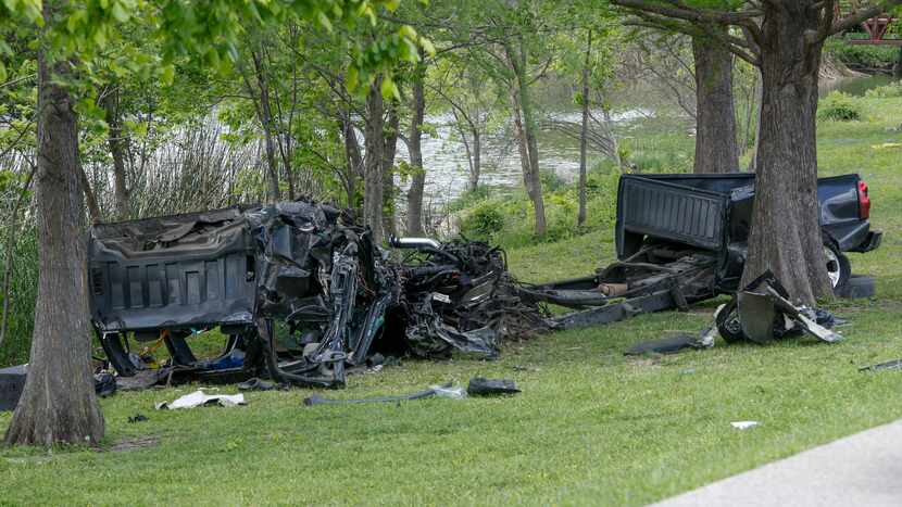 The remains of a single-vehicle wreck April 11 after a driver on Garland Road lost control...