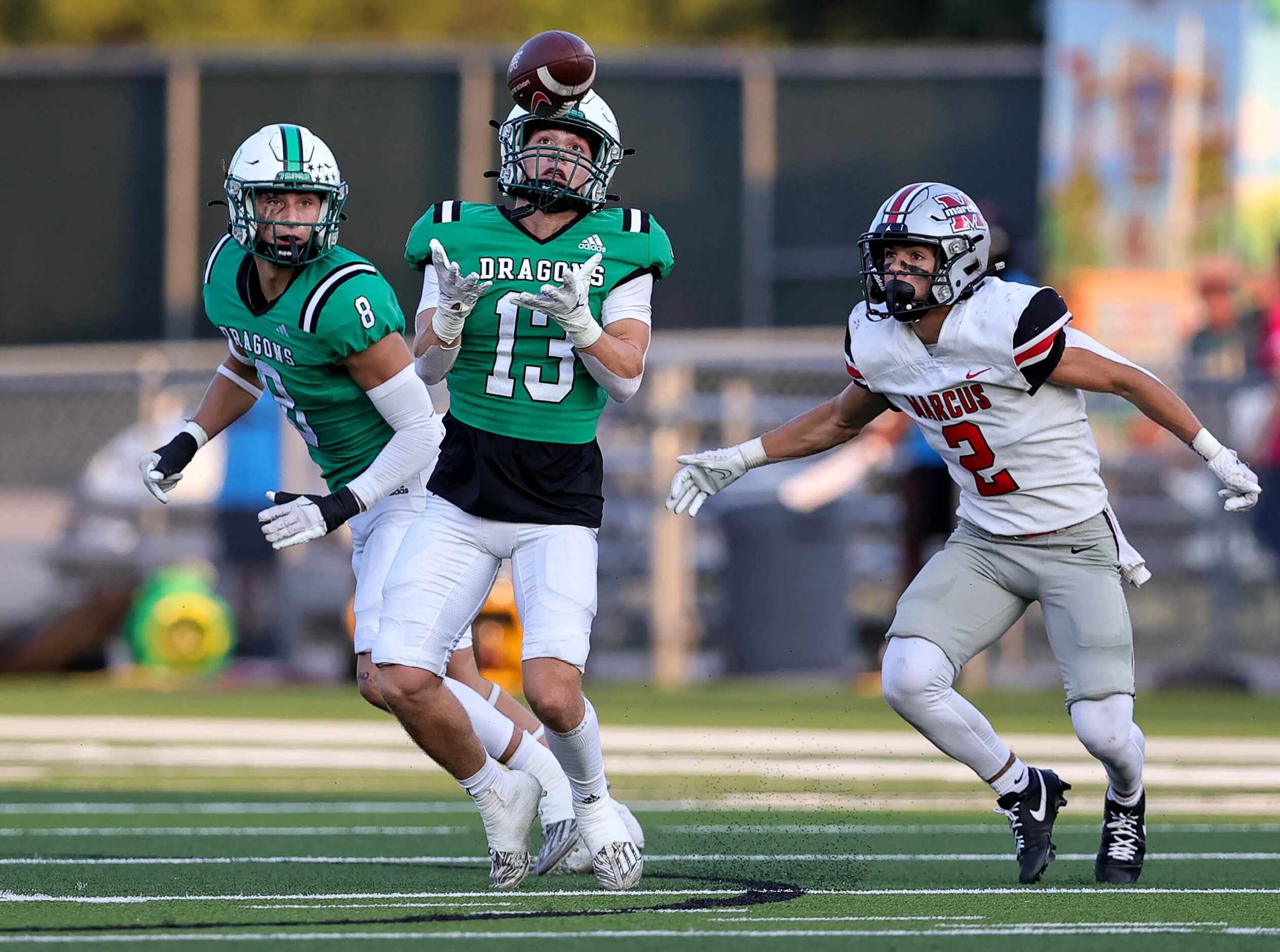 Southlake Carroll defensive back Trey Ferri (13) comes up with an interception against...
