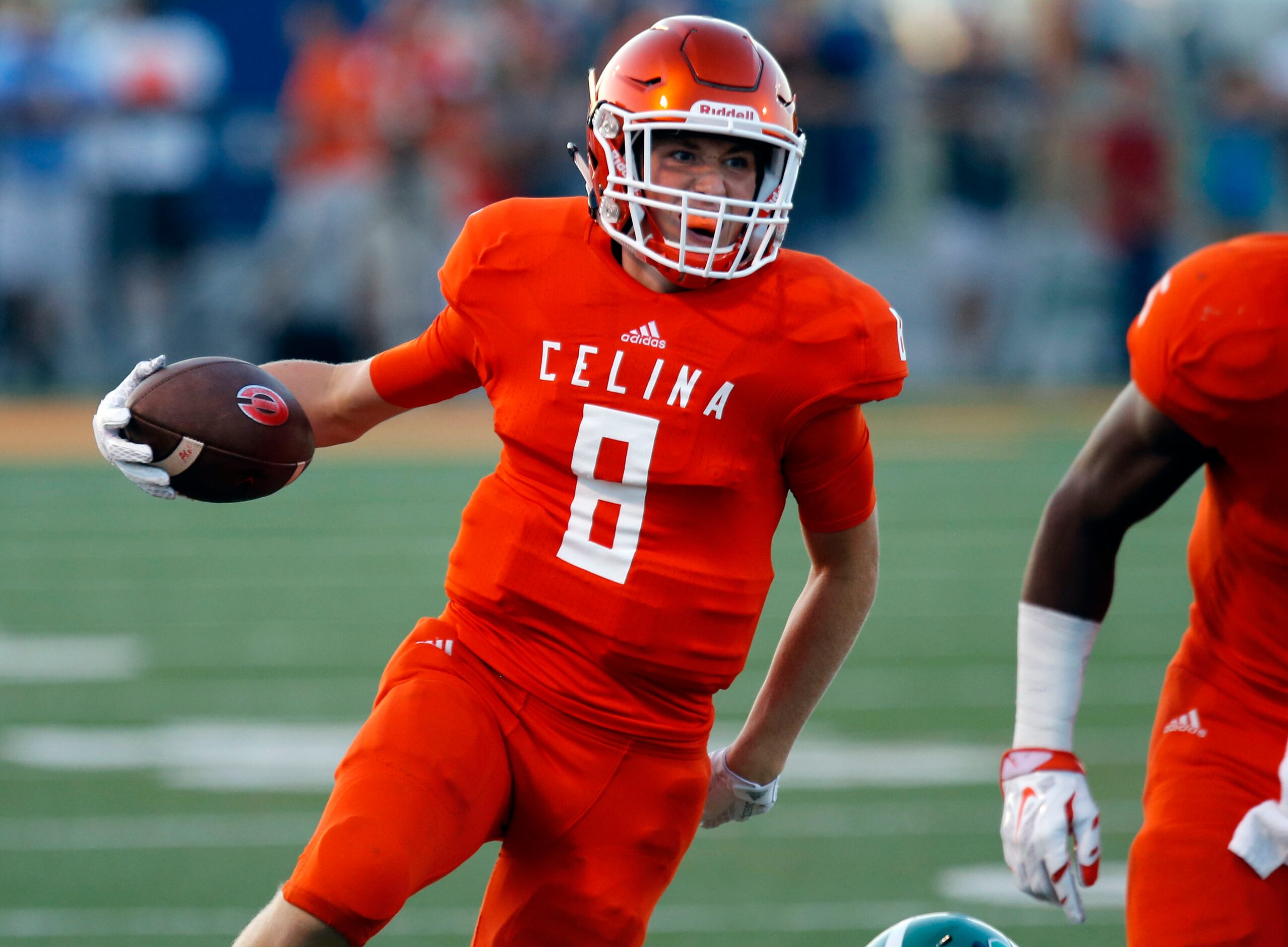 (TXHSFB) Celina High RB John Franklin (8) runs for a first down during the first half of a...