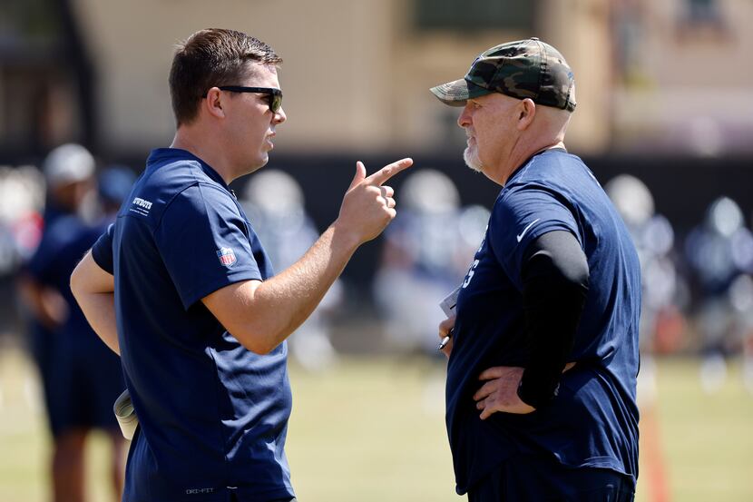 Dallas Cowboys offensive coordinator Kellen Moore (left) and defensive coordinator Dan Quinn...
