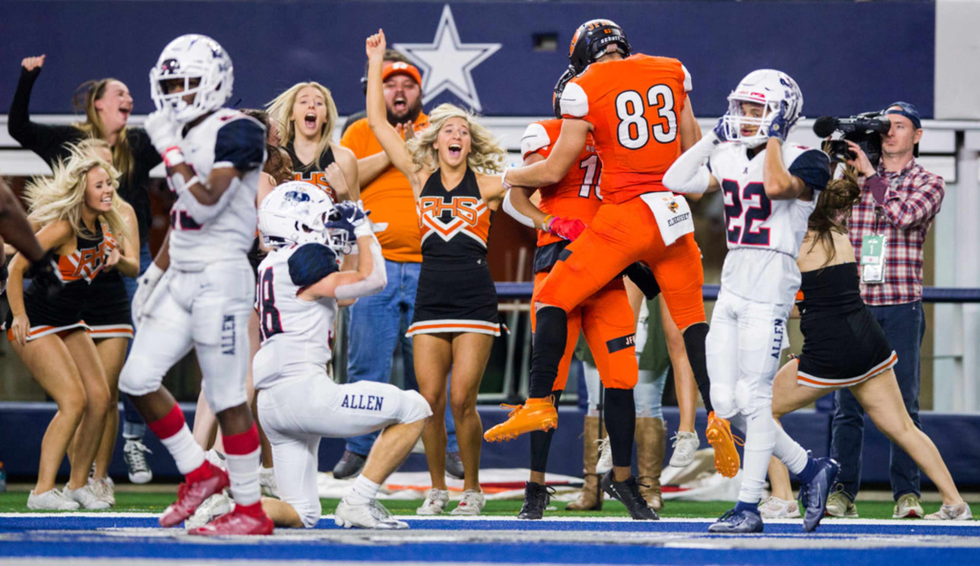 Rockwall reacts to scoring a two-point conversion to win a Class 6A Division I area-round...
