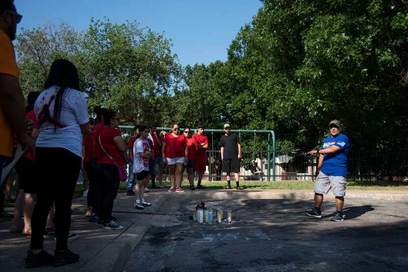 Christopher Morales says a few words at Old East Dallas Work Yard Park, where his...