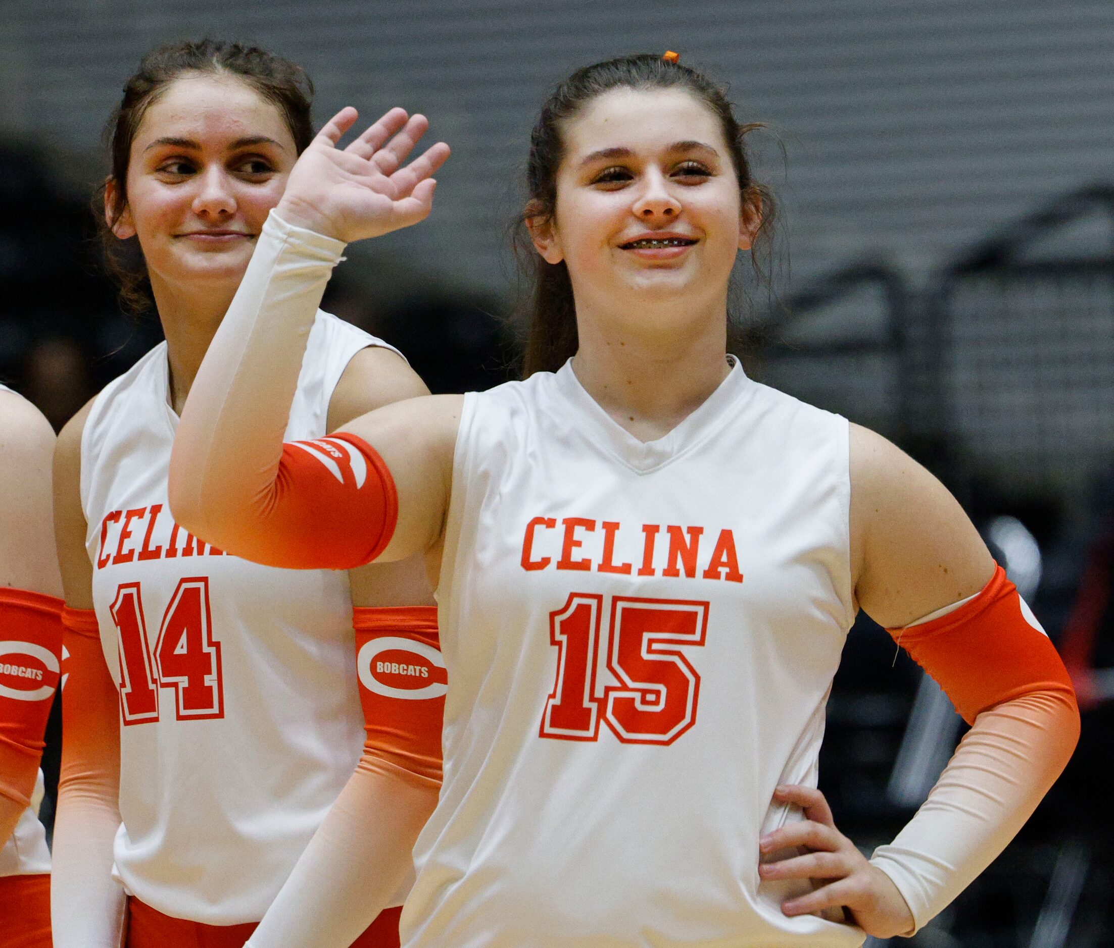 Celina's Alex Farrow (15) waves during an introduction of the players at a UIL class 4A...