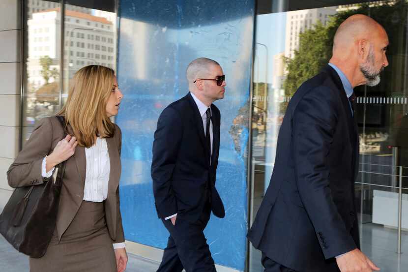 Former Glee actor Mark Salling (center) arrived at the federal courthouse in Los Angeles.