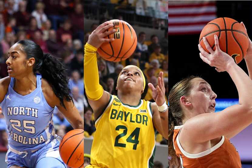 From left to right: North Carolina's Deja Kelly, Baylor's Sarah Andrews and Texas' Taylor...