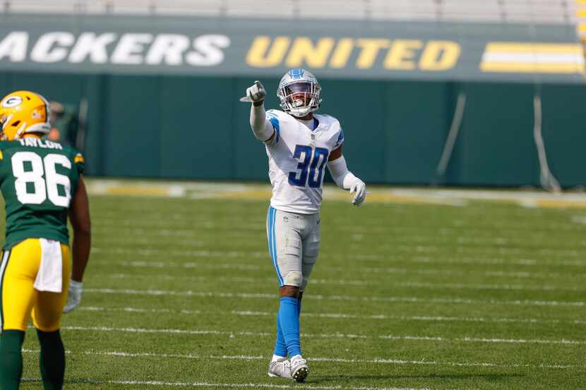 Lions cornerback Jeff Okudah is pictured during a game against the Packers on Sunday, Sept....