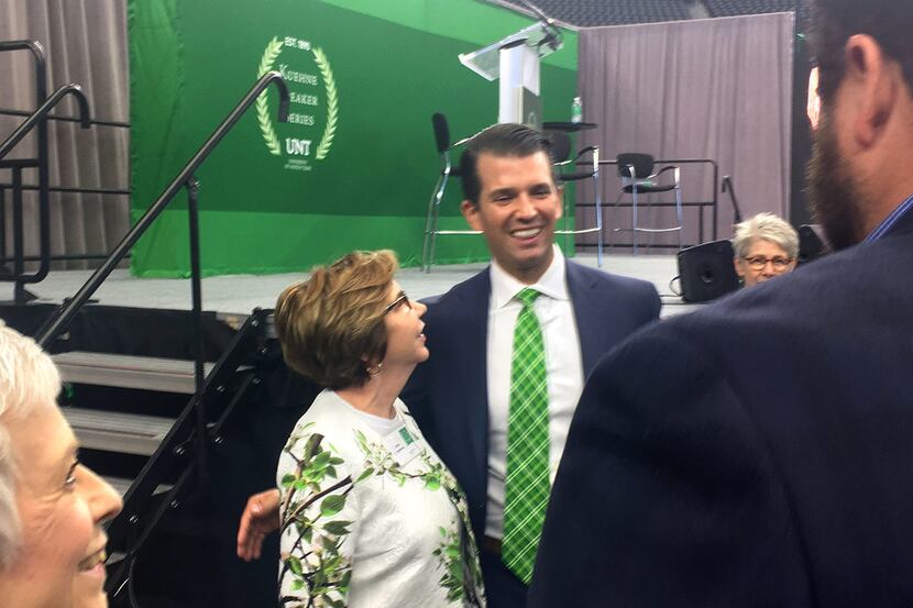 Donald Trump Jr. speaks with guests following his speech at the University of North Texas'...