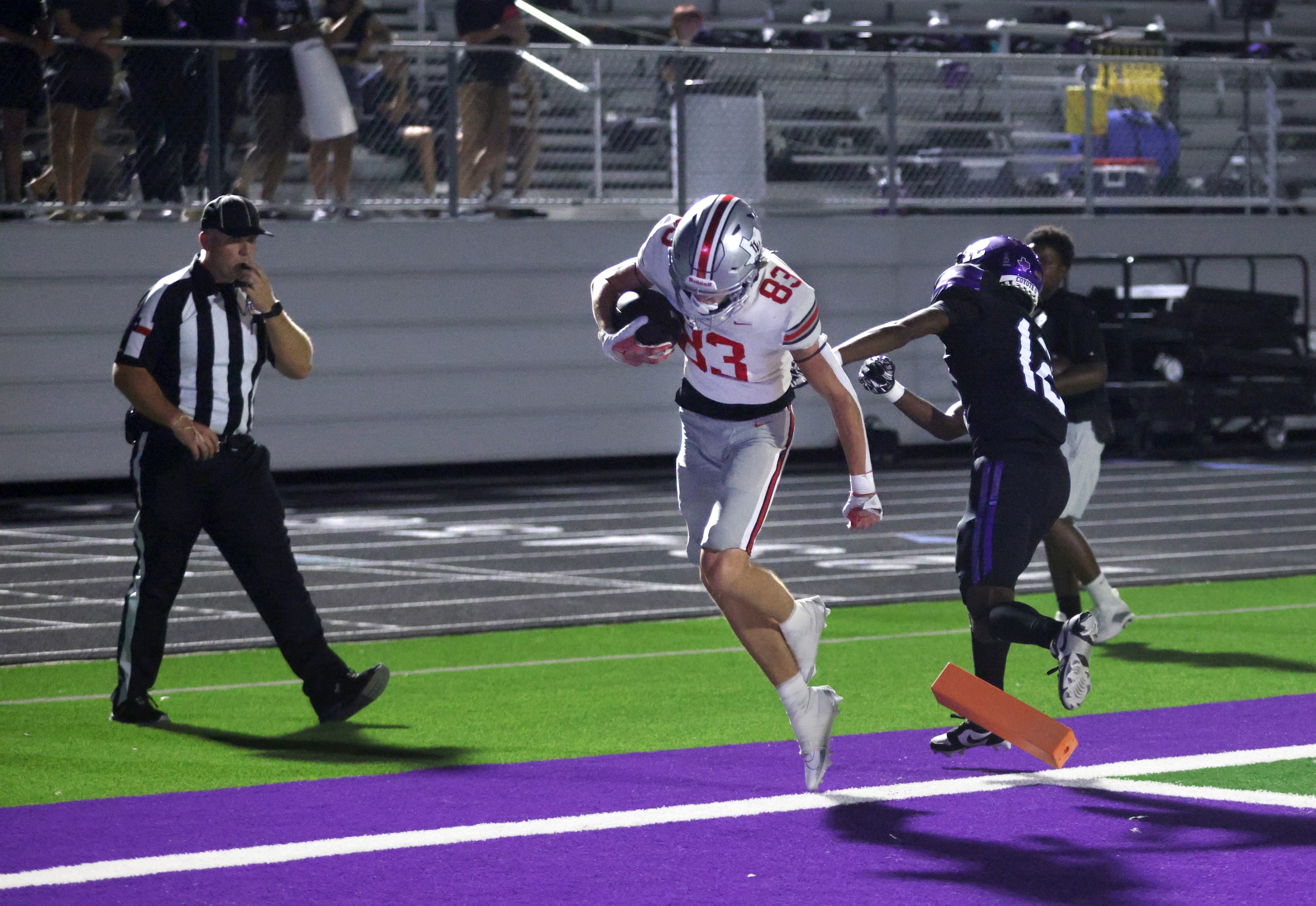 Lovejoy players #83 Coleman Reaugh makes a touchdown during the Lovejoy High School at Anna...