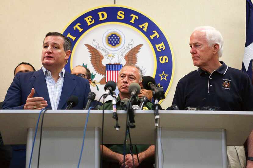 Sens. Ted Cruz, R-Texas, left, and John Cornyn, R-Texas, with U.S. Border Patrol Rio Grande...