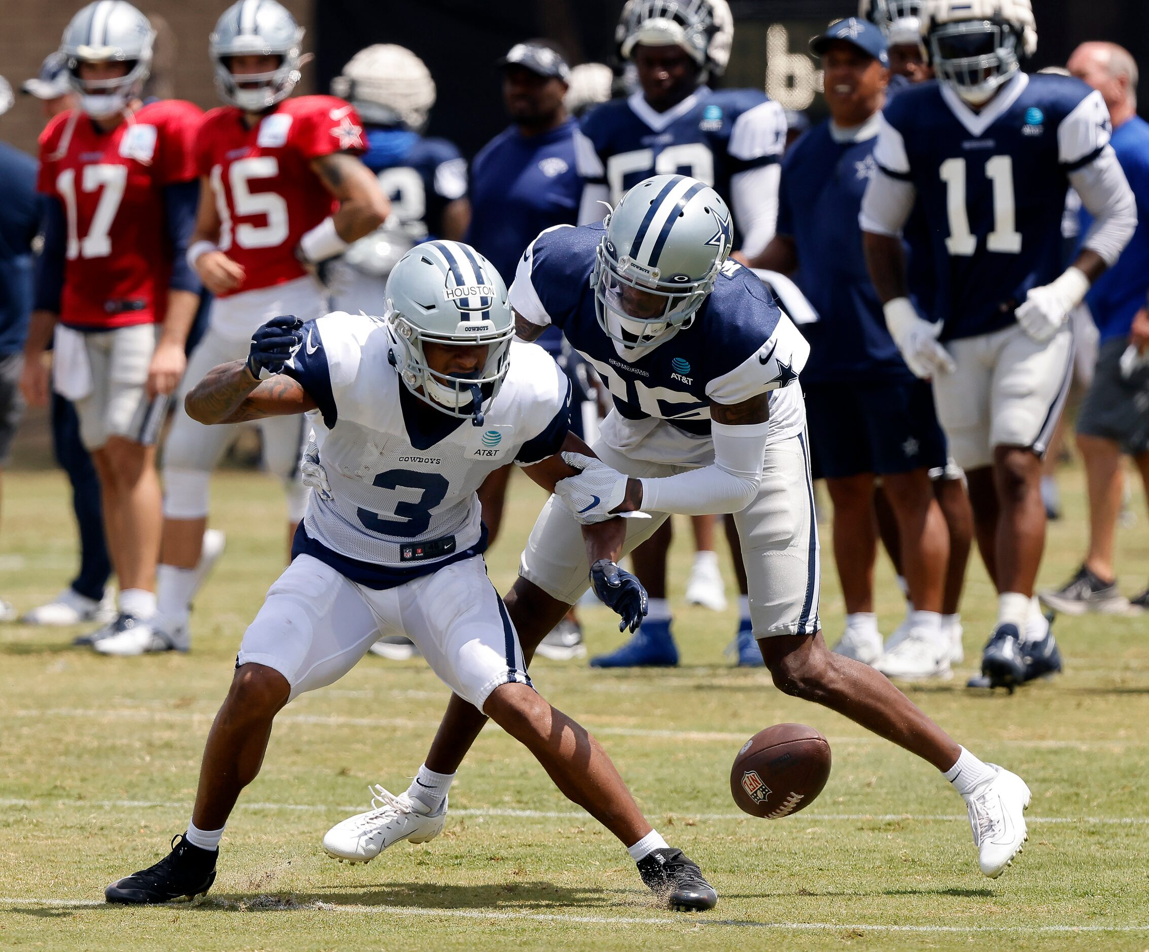 Dallas Cowboys cornerback Nahshon Wright (25) breaks up a pass intended for wide receiver...