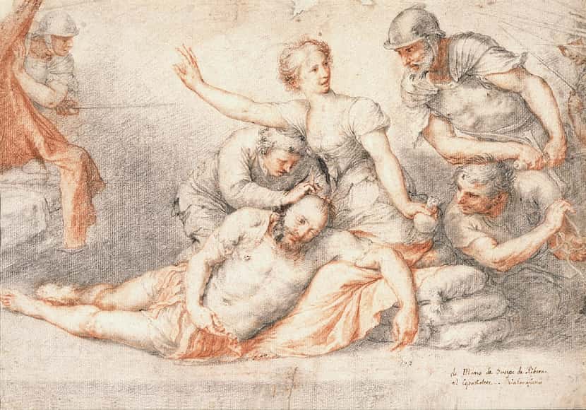 Jusepe de Ribera (Spanish, 1591-1652), Samson and Delilah, mid-1620s. Black and red chalk...