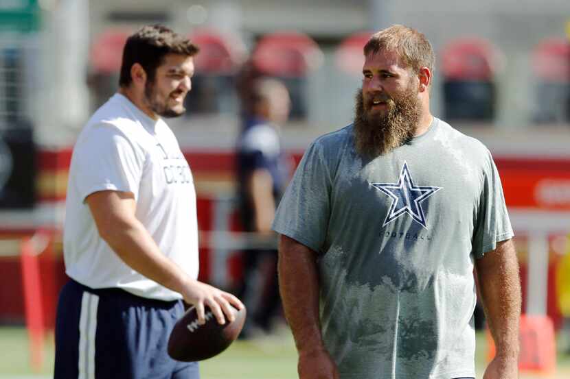 Dallas Cowboys center Travis Frederick (72) and Dallas Cowboys guard Zack Martin (70) during...