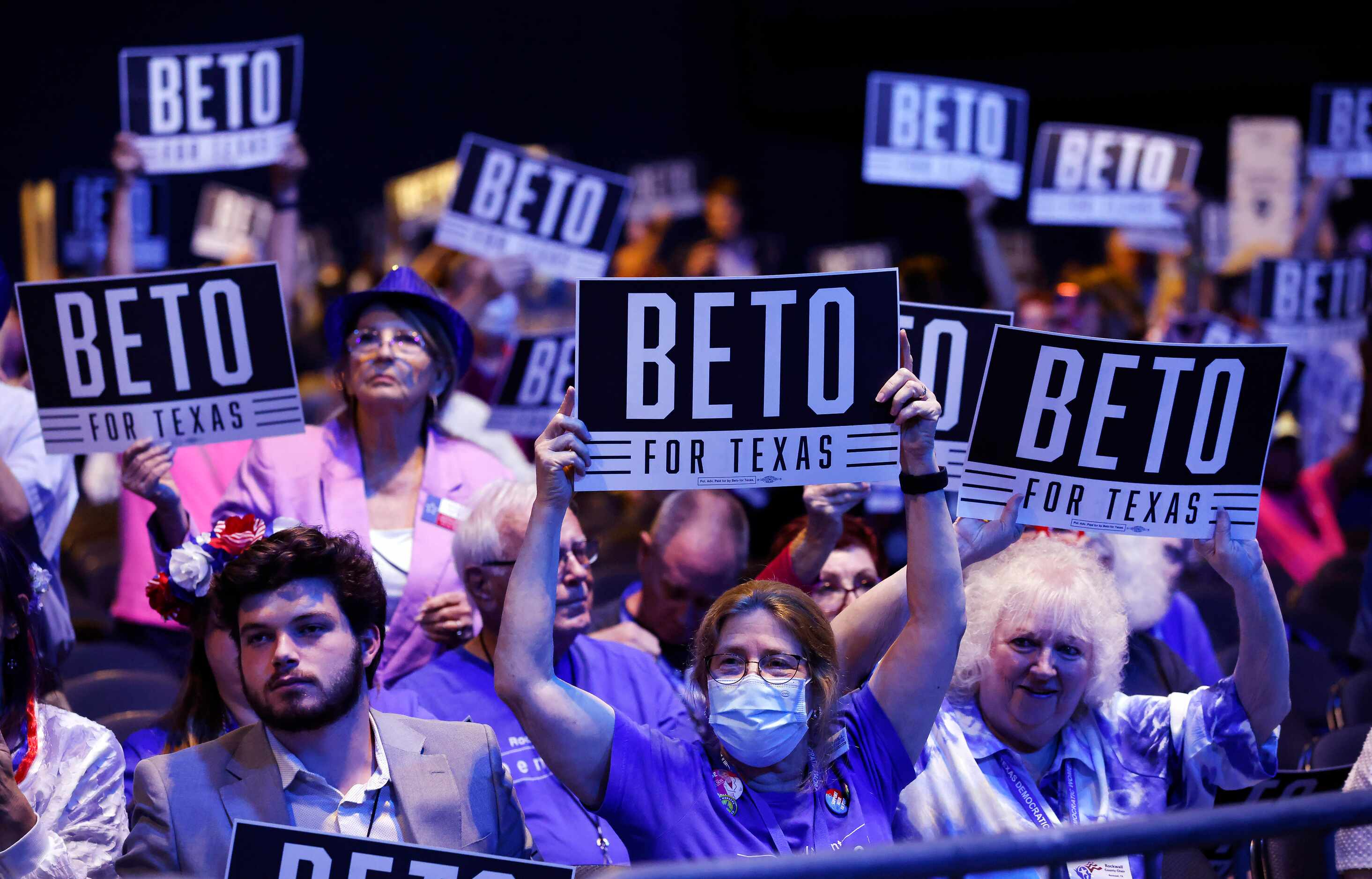 Delegates and guests cheers on Democratic gubernatorial challenger Beto O'Rourke as he...