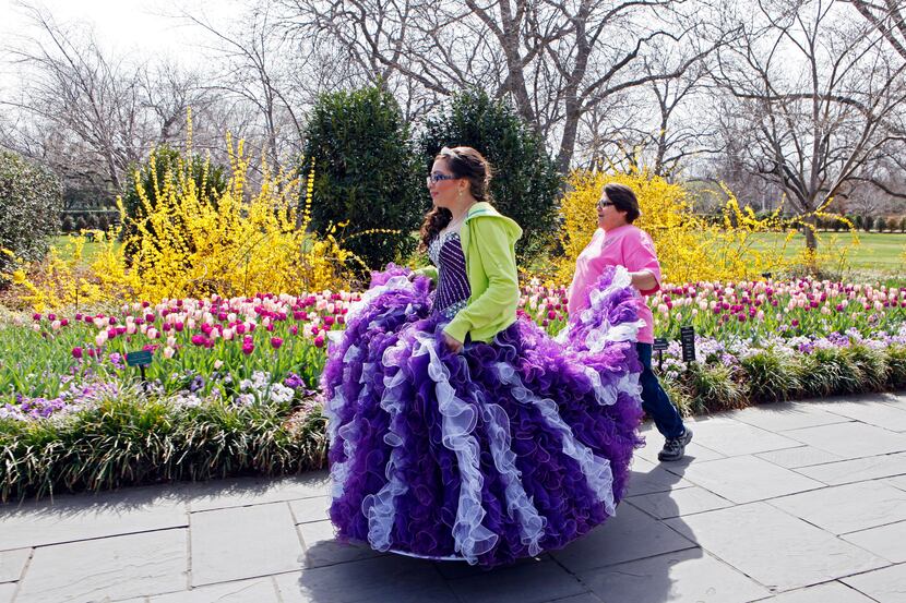 Samantha Robles walks along The Paseo walkway wearing her quincenera dress with the help of...