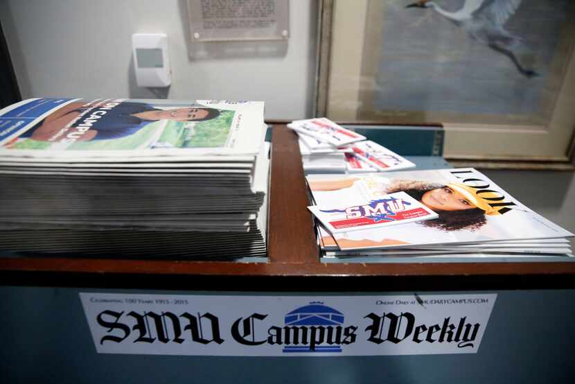 A stack of SMU Campus Weekly newspapers, produced by The Daily Campus, and SMU Look sits...