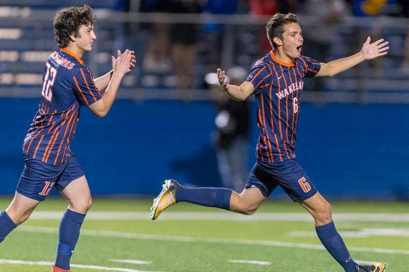 Frisco Wakeland's Jacob Miller (6) celebrates his goal against Pharr Valley View with...