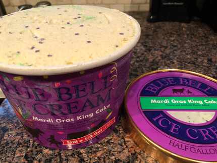 Mardi Gras King Cake Blue Bell is cinnamon ice cream with with pastry pieces, candy...