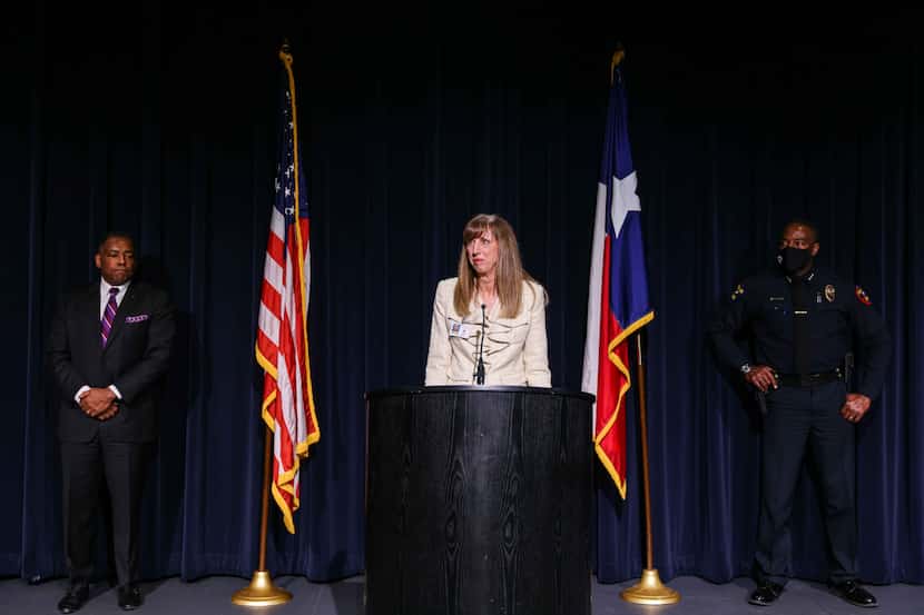 Plano ISD Superintendent Sara Bonser during a news conference to address concerns around...