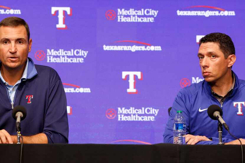 Texas Rangers general manager Chris Young (left) and Rangers President of Baseball...