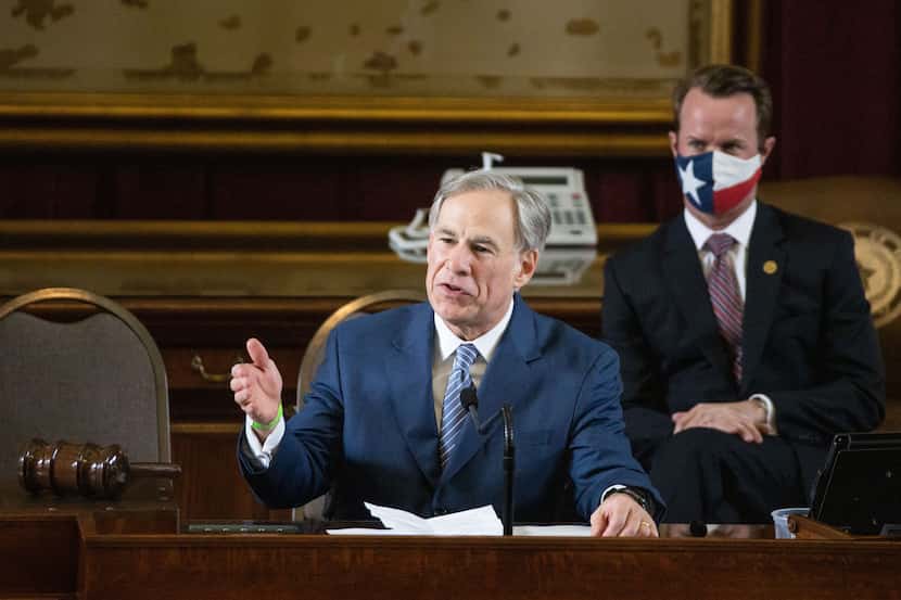 Texas Gov. Greg Abbott addresses state representatives during the House opening ceremony for...