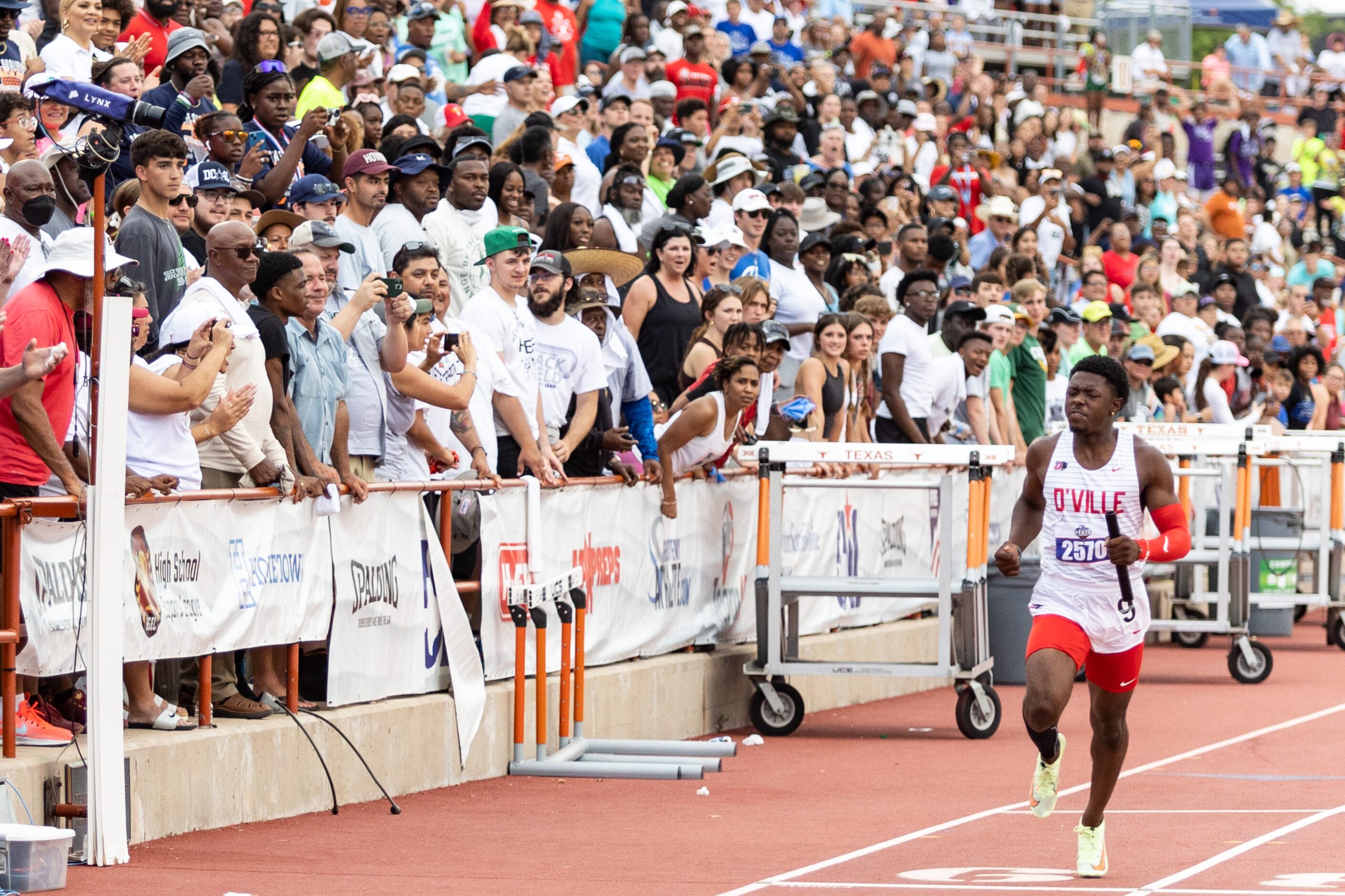 Jaylen Washington of Duncanville races to the finish in the boys’ 4x200-meter relay at the...