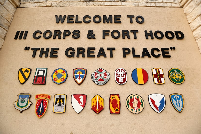 A sign at the Bernie Beck Gate welcomes people to the Fort Hood military base in Killeen,...