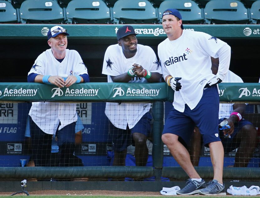 Jason Garrett, receiver Dez Bryant and safety Jason Witten watch the Reliant's Home Run...