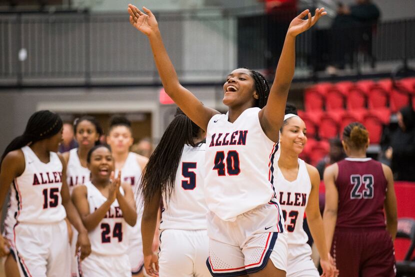 Allen's Klaire Bentley (40) celebrates a 55-51 win over Lewisville after their Class 6A...