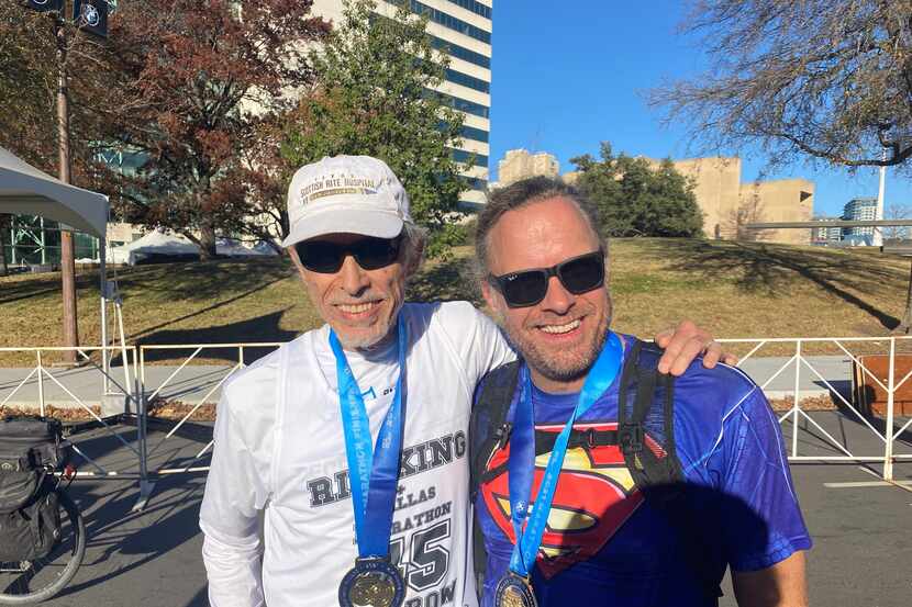 Rio (left) and Hunter King (right) pose after their Dallas Marathon races on Sunday,...