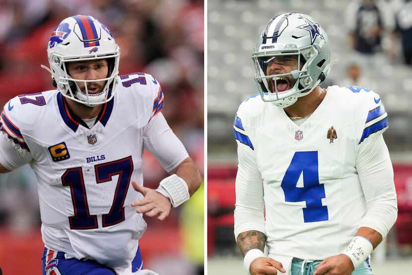 Left photo of Bills quarterback Josh Allen is from The Associated press. Right photo of...