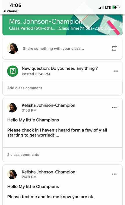Dallas teacher Kelisha Johnson-Champion made hundreds of calls and texts to check in on her...