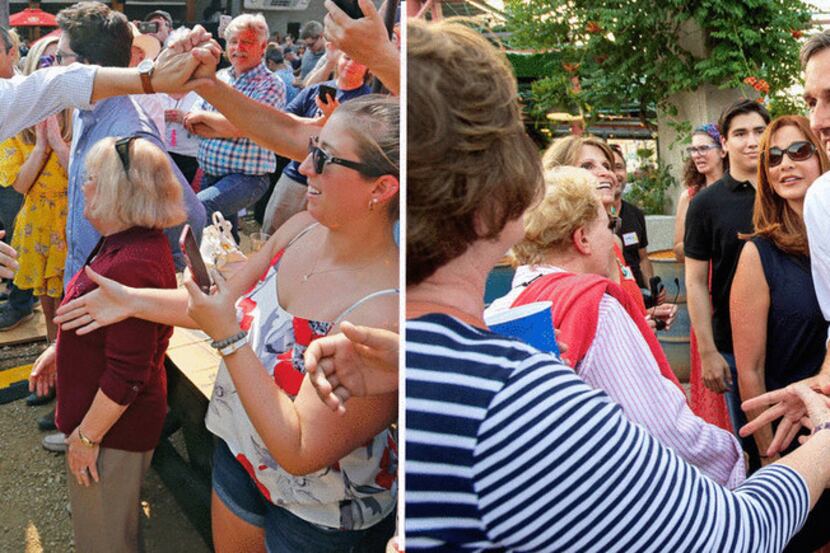 Sen. Ted Cruz (left) greets supporters in Dallas on July 28, 2018, while Democratic Rep....