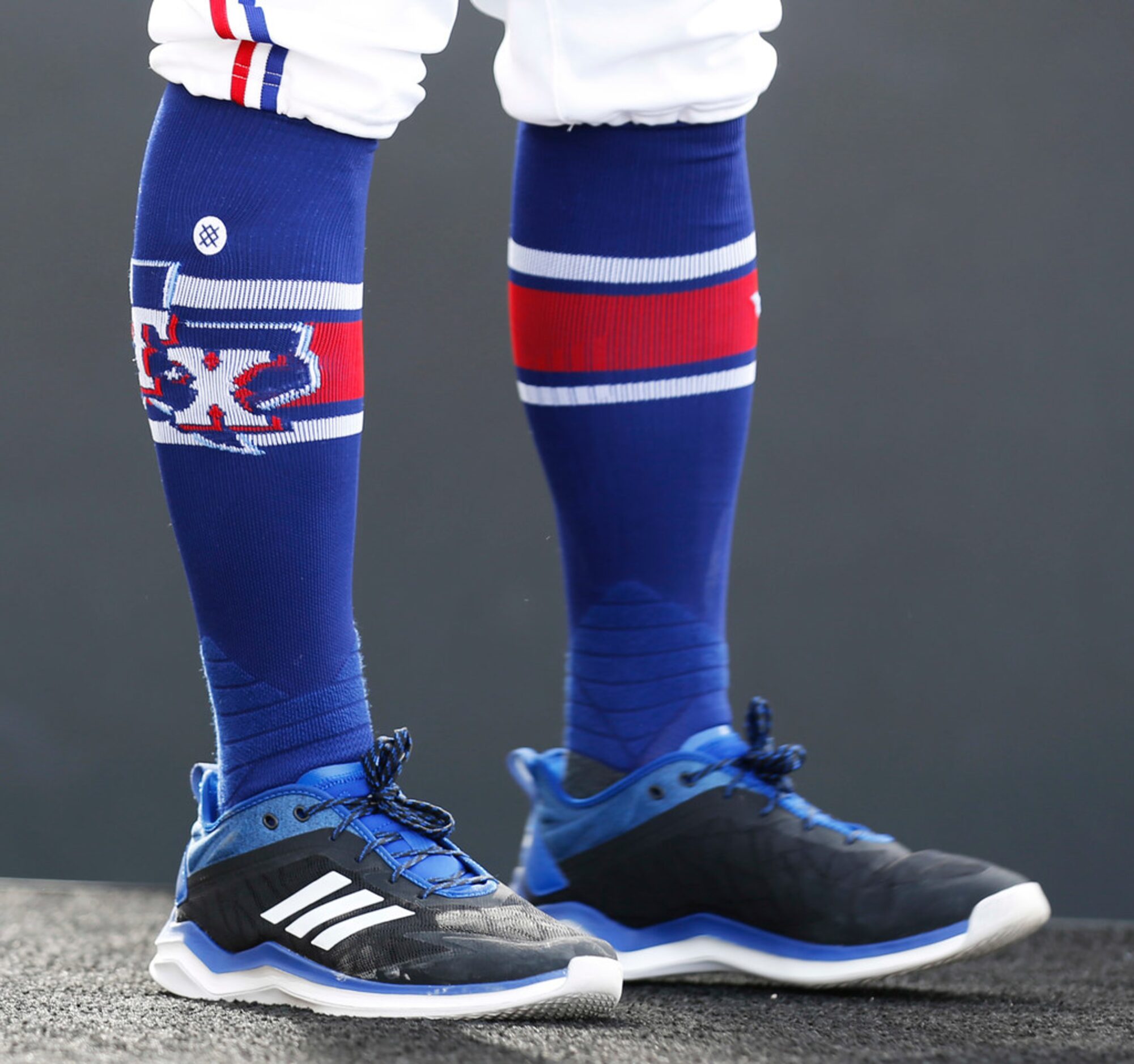 Detail of the new socks on Texas Rangers Shin-Soo Choo during the unveiling of the 2020...