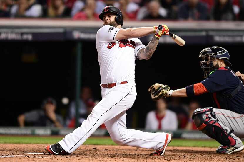 FILE - In this Oct. 6, 2016, file photo, Cleveland Indians' Mike Napoli bats against the...